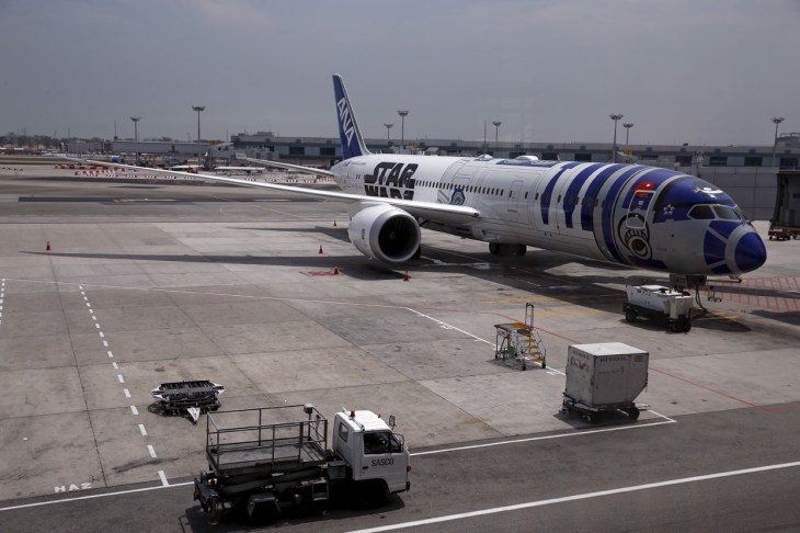 A STAR WARS THEMED ALL NIPPON AIRWAYS ANA R2D2 BOEING 787 DREAMLINER AIRCRAFT SITS ON THE TARMAC AT SINGAPORE'S CHANGI AIRPORT