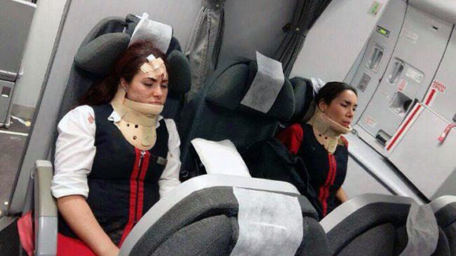 Some passengers and crew required neck braces after the violent turbulence. Picture: CEN