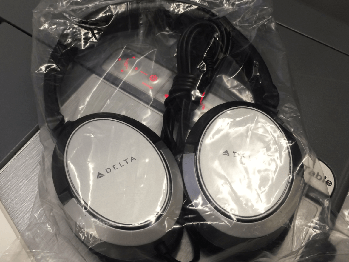 Comfy, noise-canceling headphones from Delta. Fortunately I couldn't give them the crying baby test, but they were great for the long haul.