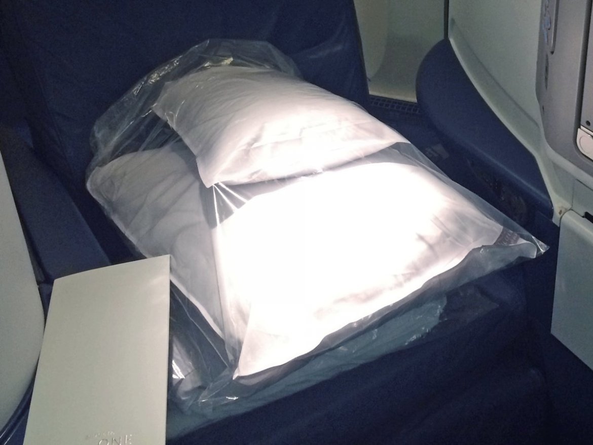 No extra help on Delta, and no duvet to soften the seat. But the blanket was big, and each passenger got two pillows, one big and one small.