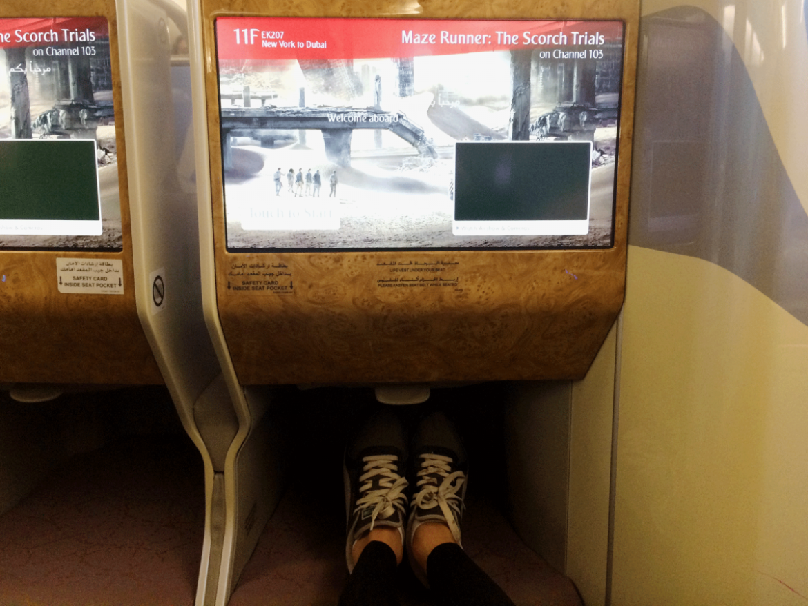 Lots of foot space on Emirates! This little cubby turned into the bottom of my bed once I reclined my seat. And we'll get to the TV shortly, but it was huge.