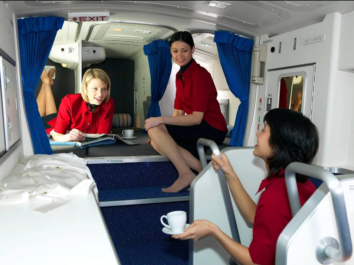 The crew certainly seems to enjoy the overhead rest areas on Boeing 777s, which, depending on the airline, can fit six to 10 bunks, as well as personal storage space for each crew member.